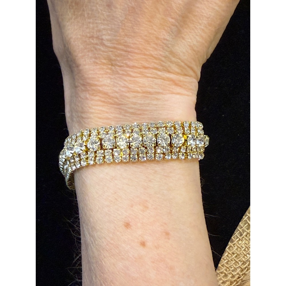 Vintage Gold Tone 5 Row Rhinestone Tennis Bracelet Clear Crystal Wide Statement